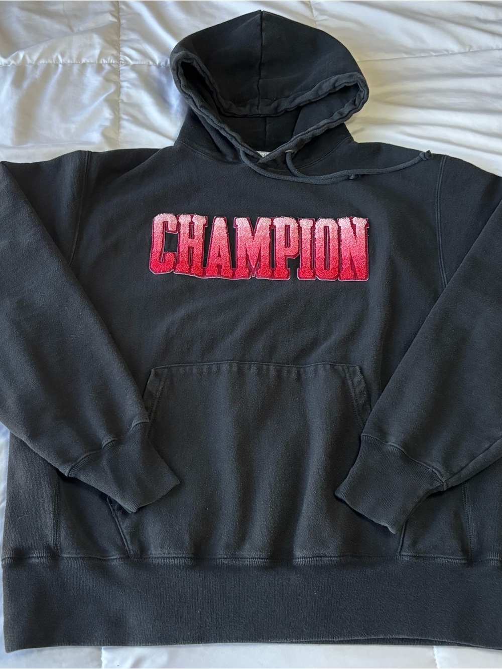 Champion Men’s Black Crewneck Hoodie with Red Logo